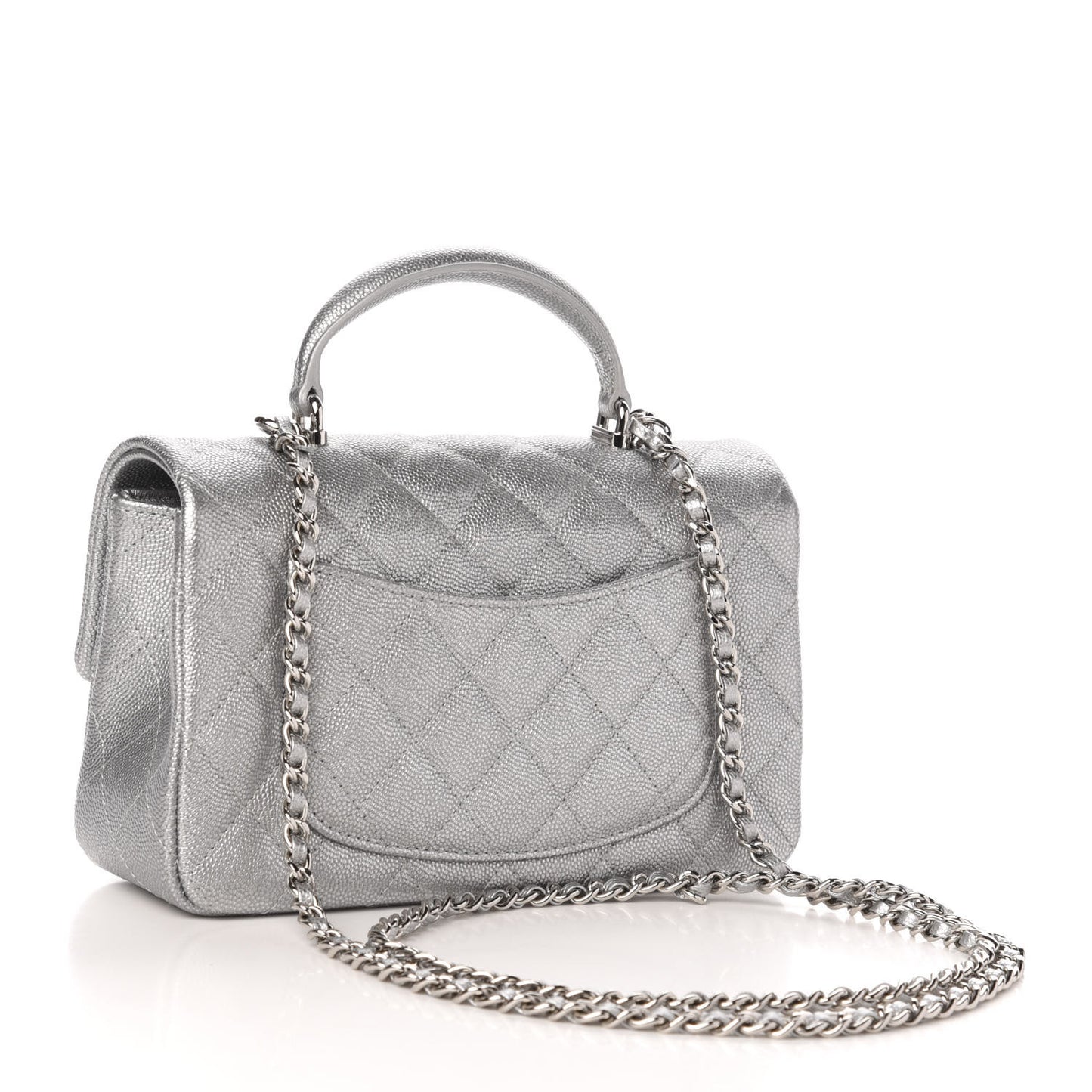 Metallic Caviar Quilted Mini Top Handle Rectangular Flap Silver