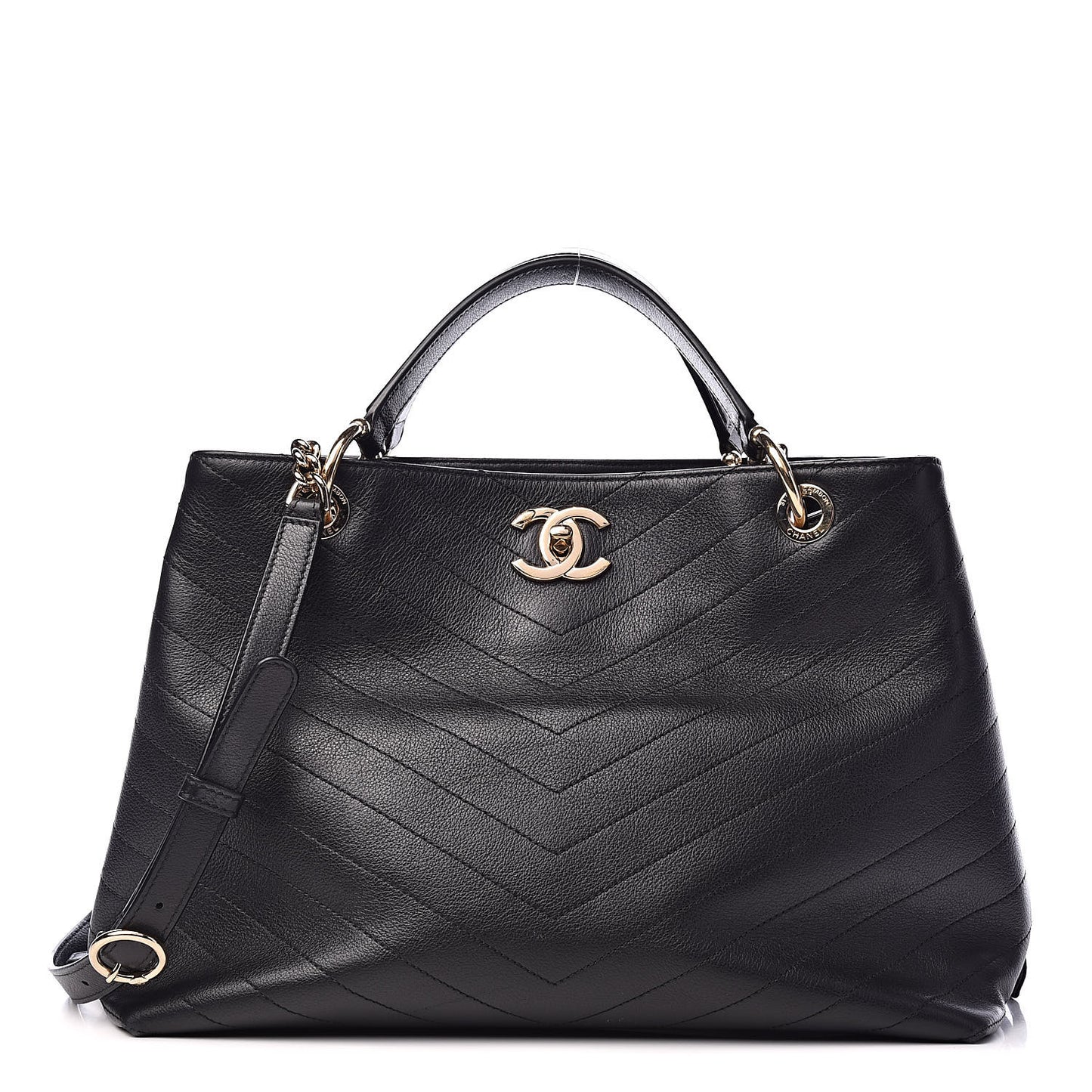 Calfskin Stitched Large Chevron Chic Shopping Bag Black