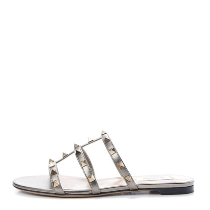Valentino Garavani Metallic Nappa Rockstud Caged Flat Slide Sandals 36.5 Sasso 1 of 9