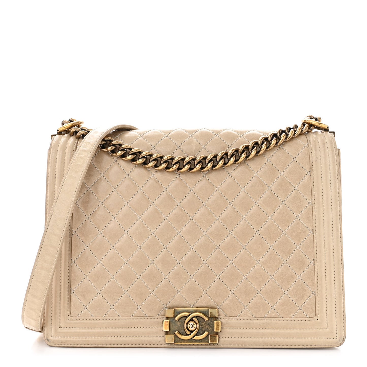 Glazed Calfskin Quilted Large Boy Flap Beige
