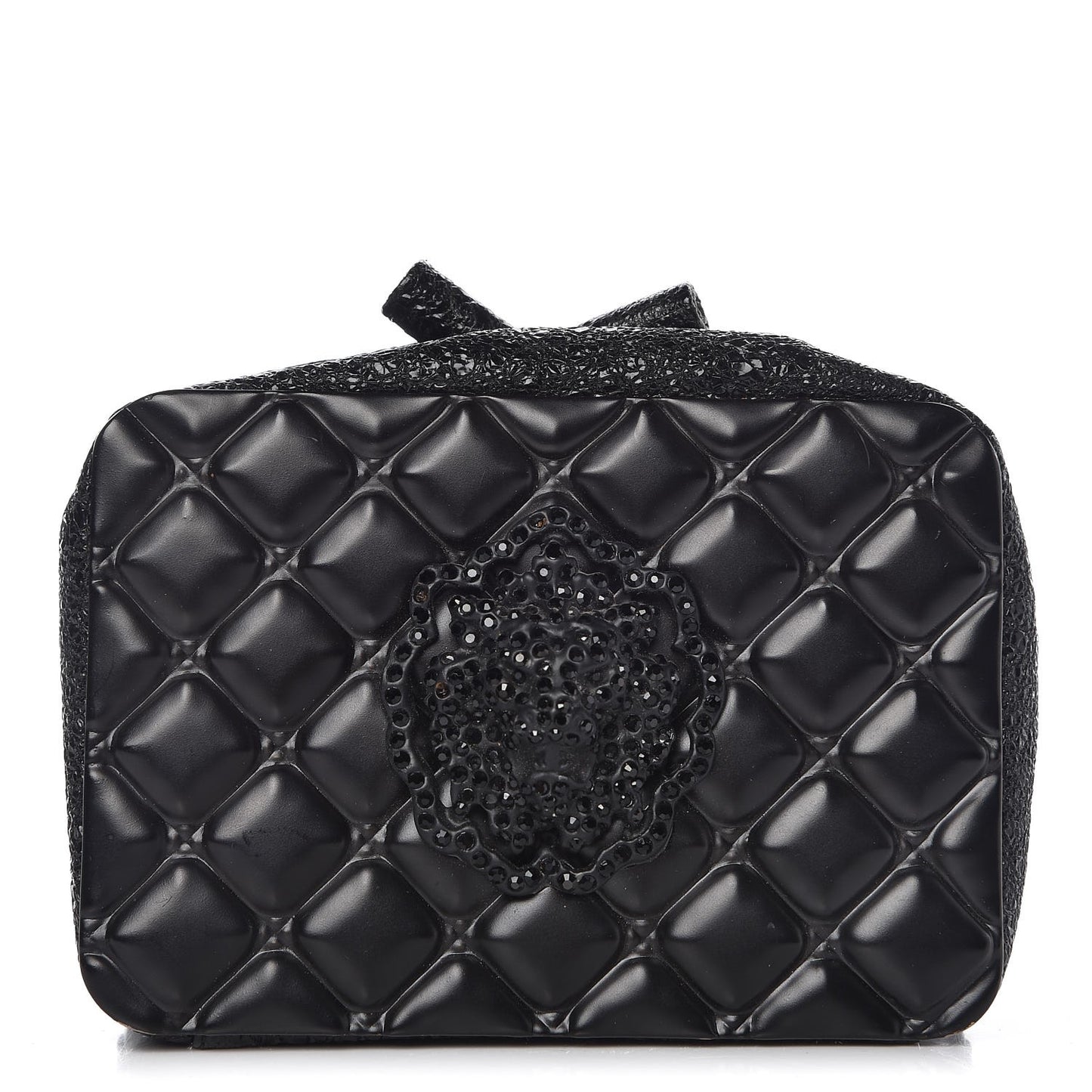 Cracked Calfskin Quilted Crystal Lion Clutch Black
