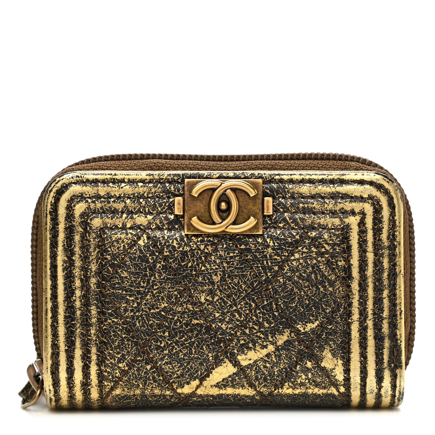 Chanel Cracked Metallic Calfskin Quilted Boy Zip Around Coin Purse Wallet Gold 1 of 8
