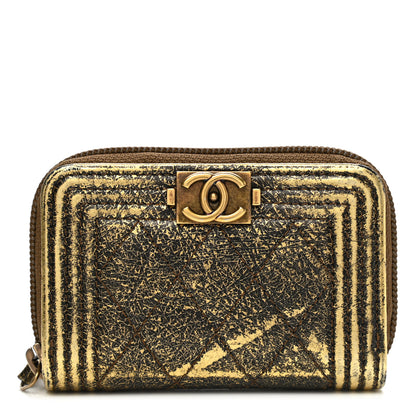 Chanel Cracked Metallic Calfskin Quilted Boy Zip Around Coin Purse Wallet Gold 1 of 8