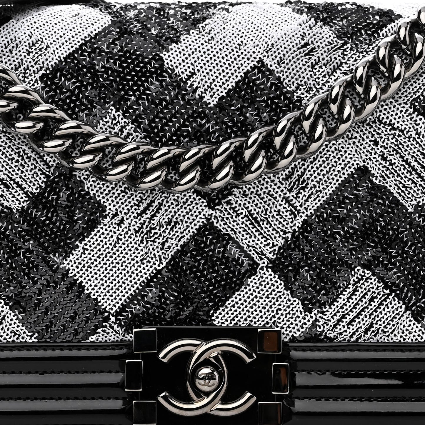 Patent Iridescent Calfskin Sequin Medium Boy Flap Bag Black
