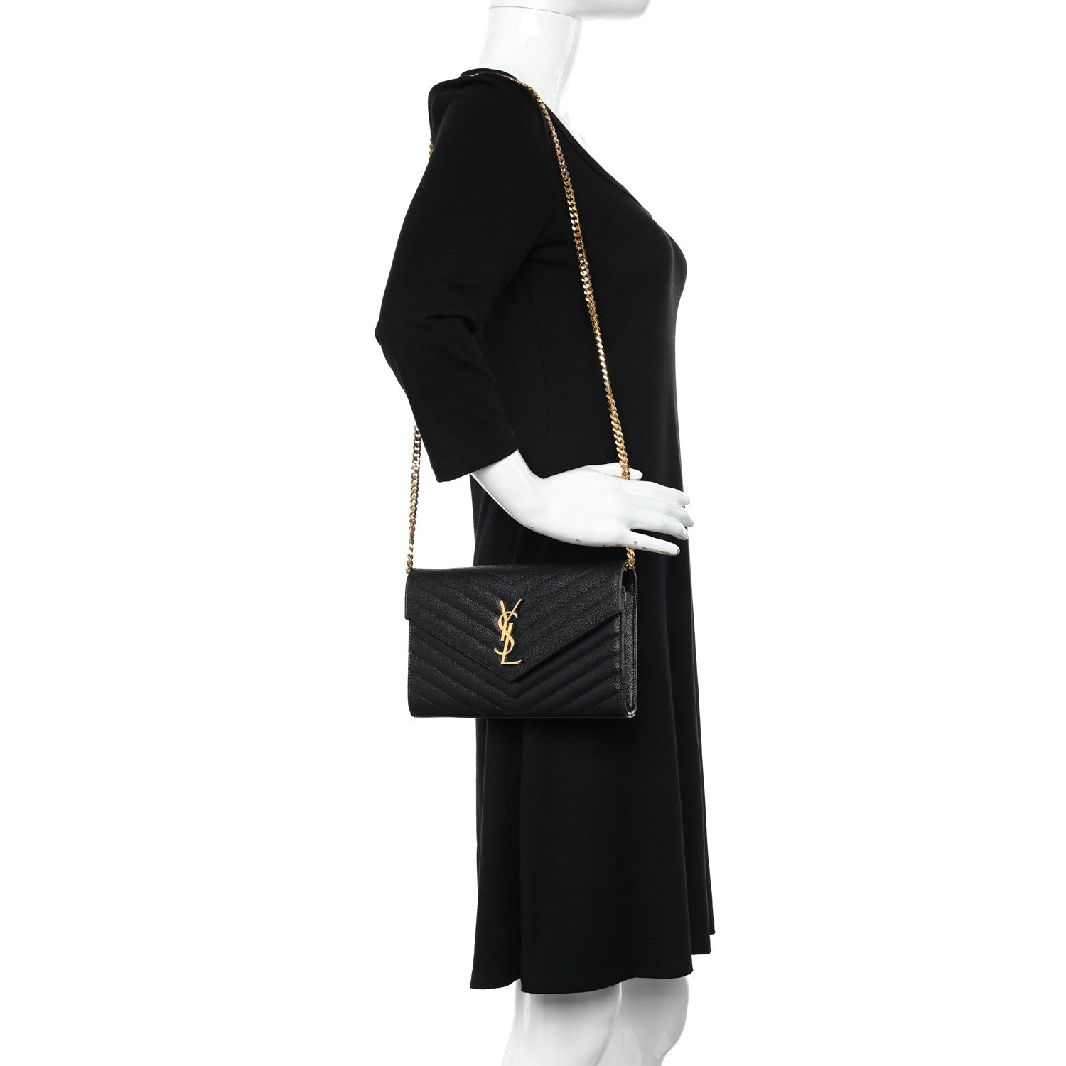 Saint Laurent Grain De Poudre Matelasse Chevron Monogram Chain Wallet Black 2 of 10