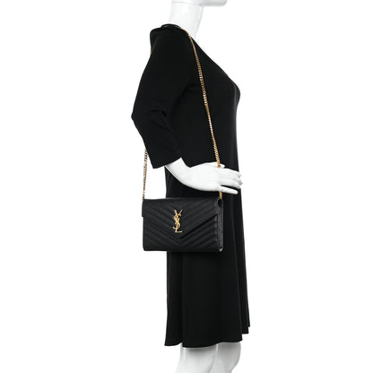 Saint Laurent Grain De Poudre Matelasse Chevron Monogram Chain Wallet Black 2 of 10