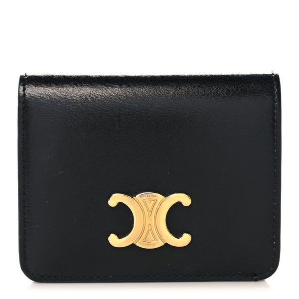 Celine Shiny Calfskin Triomphe Compact Wallet Black 1877826