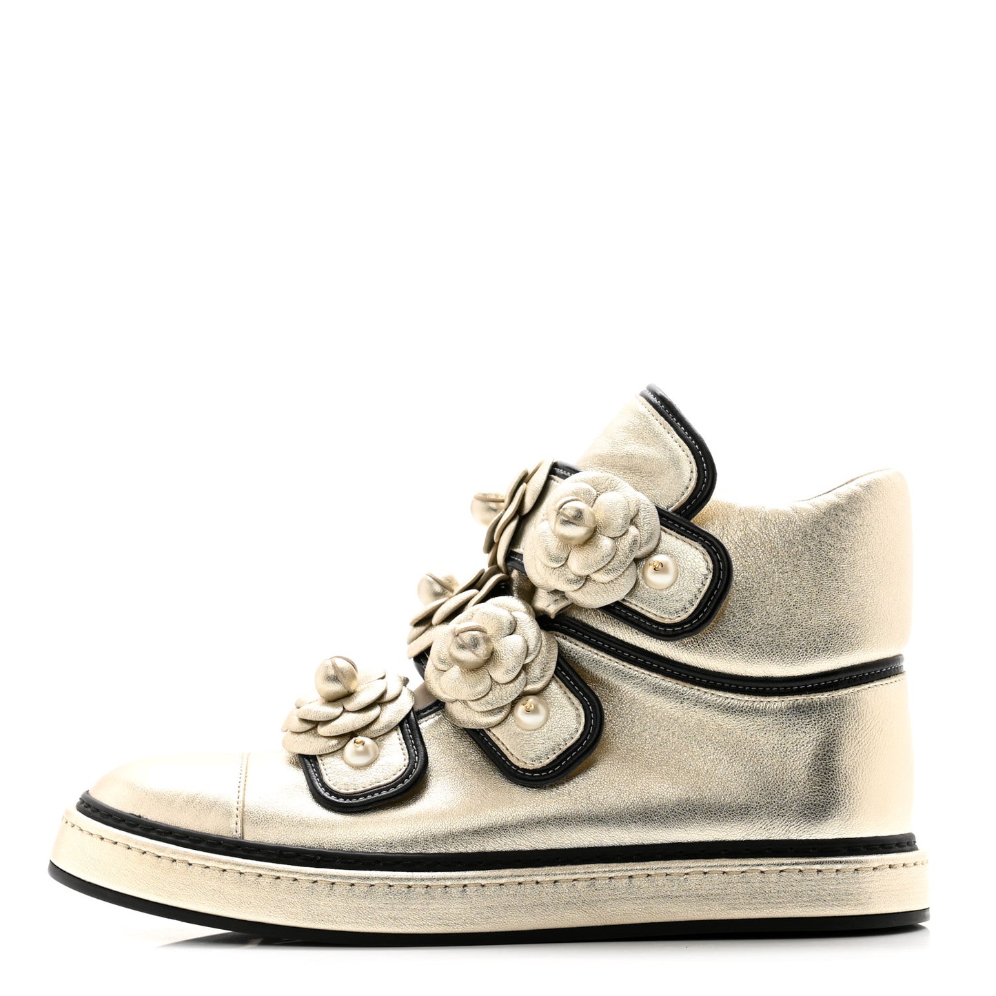 Metallic Lambskin Camellia High Top Sneakers 41 Gold