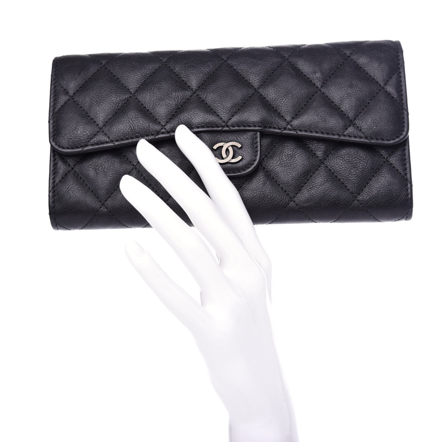 Crumpled Calfskin Quilted Large Flap Wallet So Black
