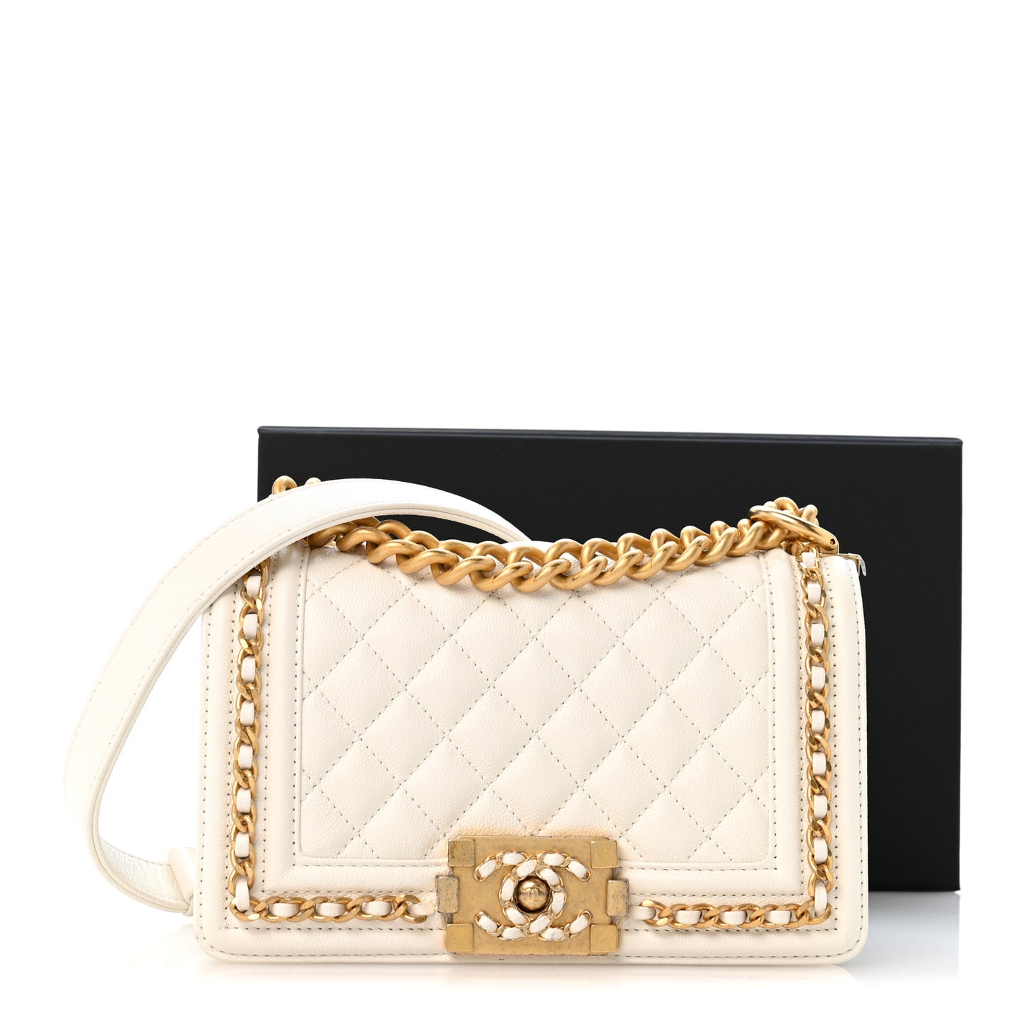 Caviar Quilted Small Chain Around Boy Flap White