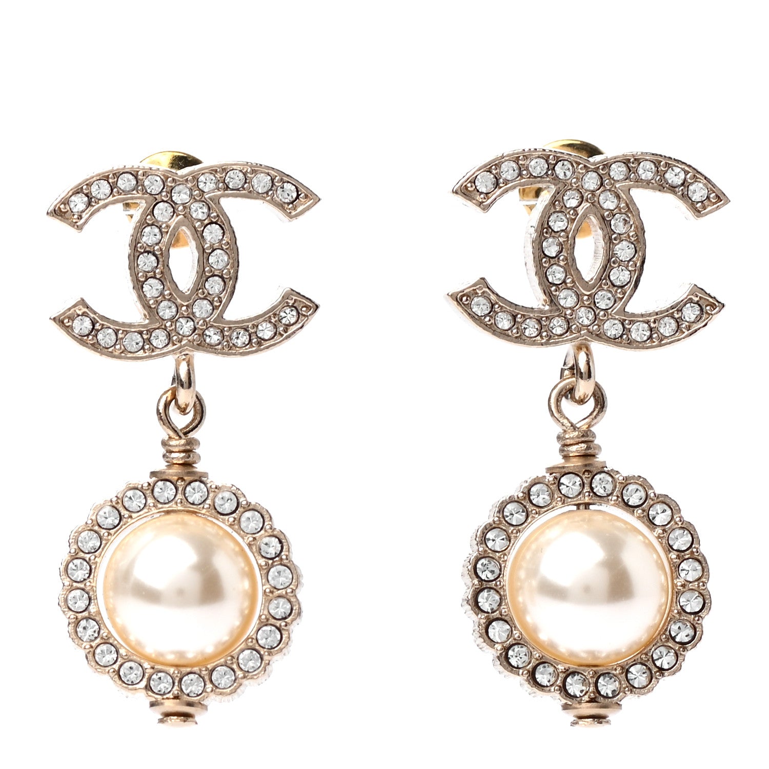 Chanel Crystal Pearl CC Lace Camellia Earrings Gold 1 of 4
