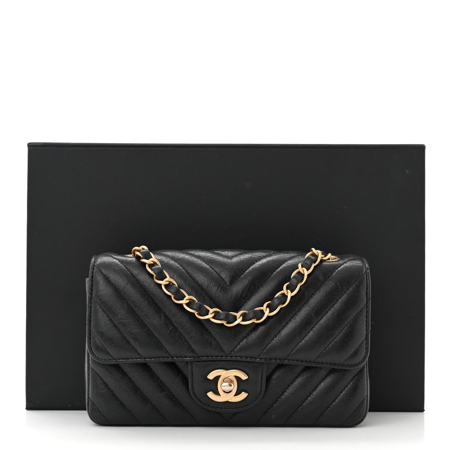 Iridescent Calfskin Chevron Quilted Mini Rectangular Flap Black
