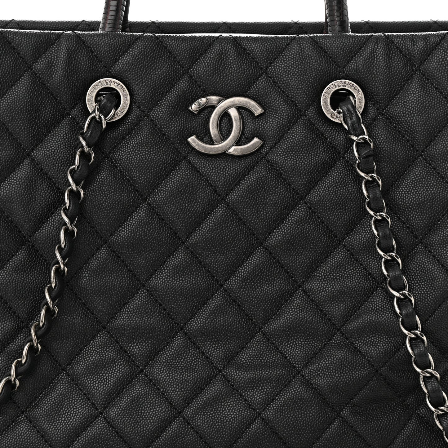 Caviar Lizard Quilted Large Coco Handle Shopping Tote Black