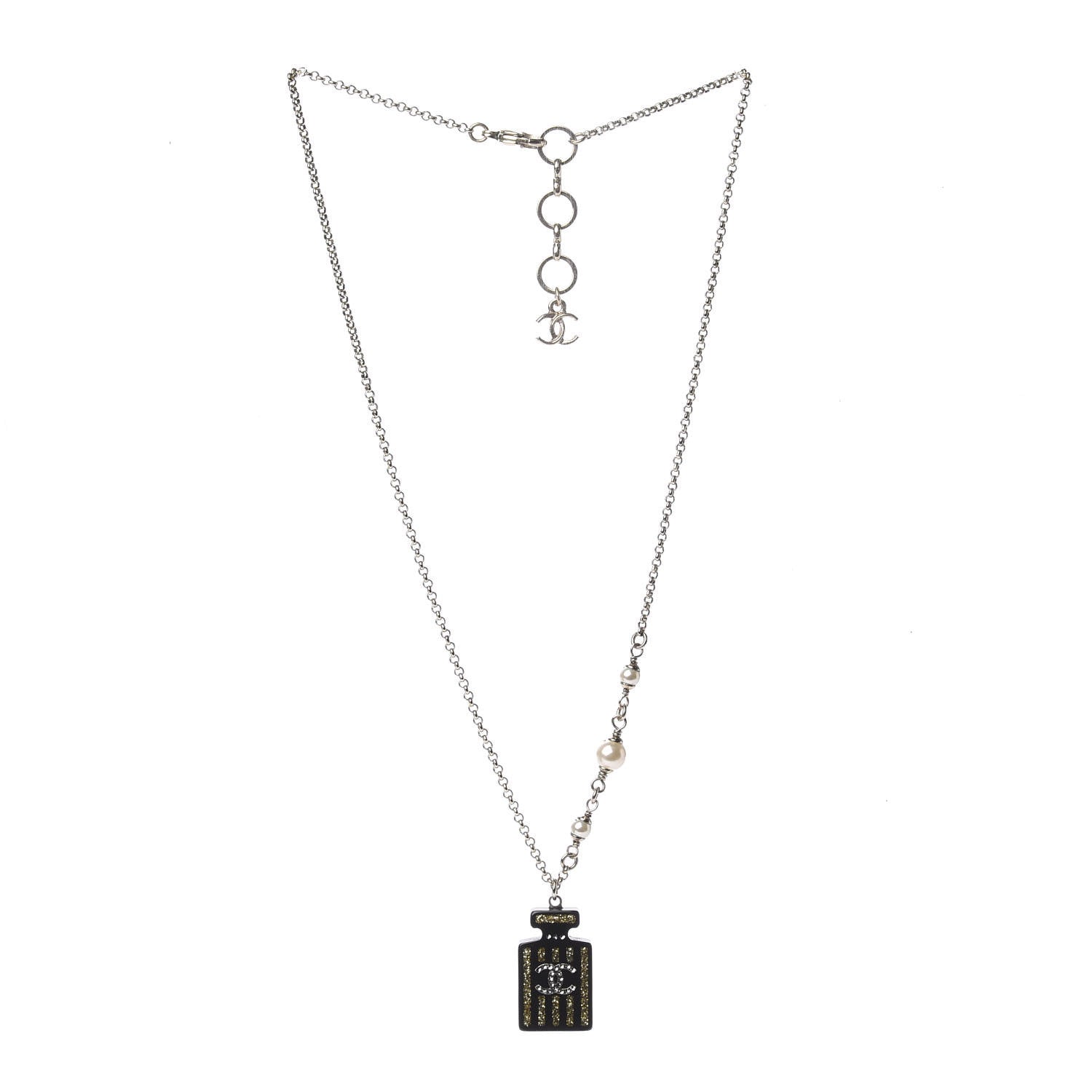 Chanel Resin Strass Perfume Bottle CC Necklace Black Gold 2 of 6