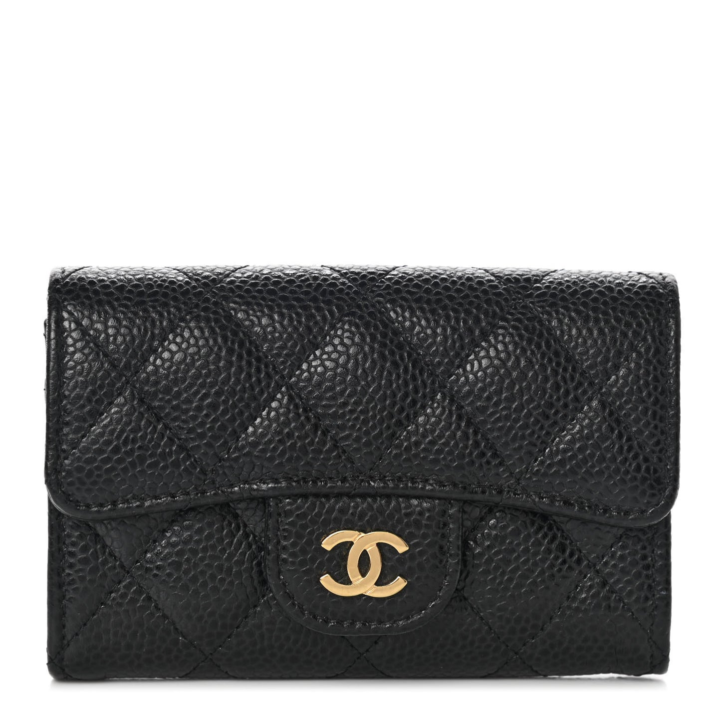 Caviar Quilted Flap Card Holder Wallet Black