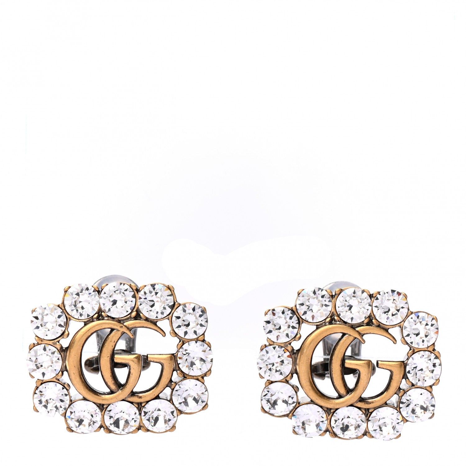 Gucci Metal Crystal Double G Clip On Earrings Aged Gold 1 of 4