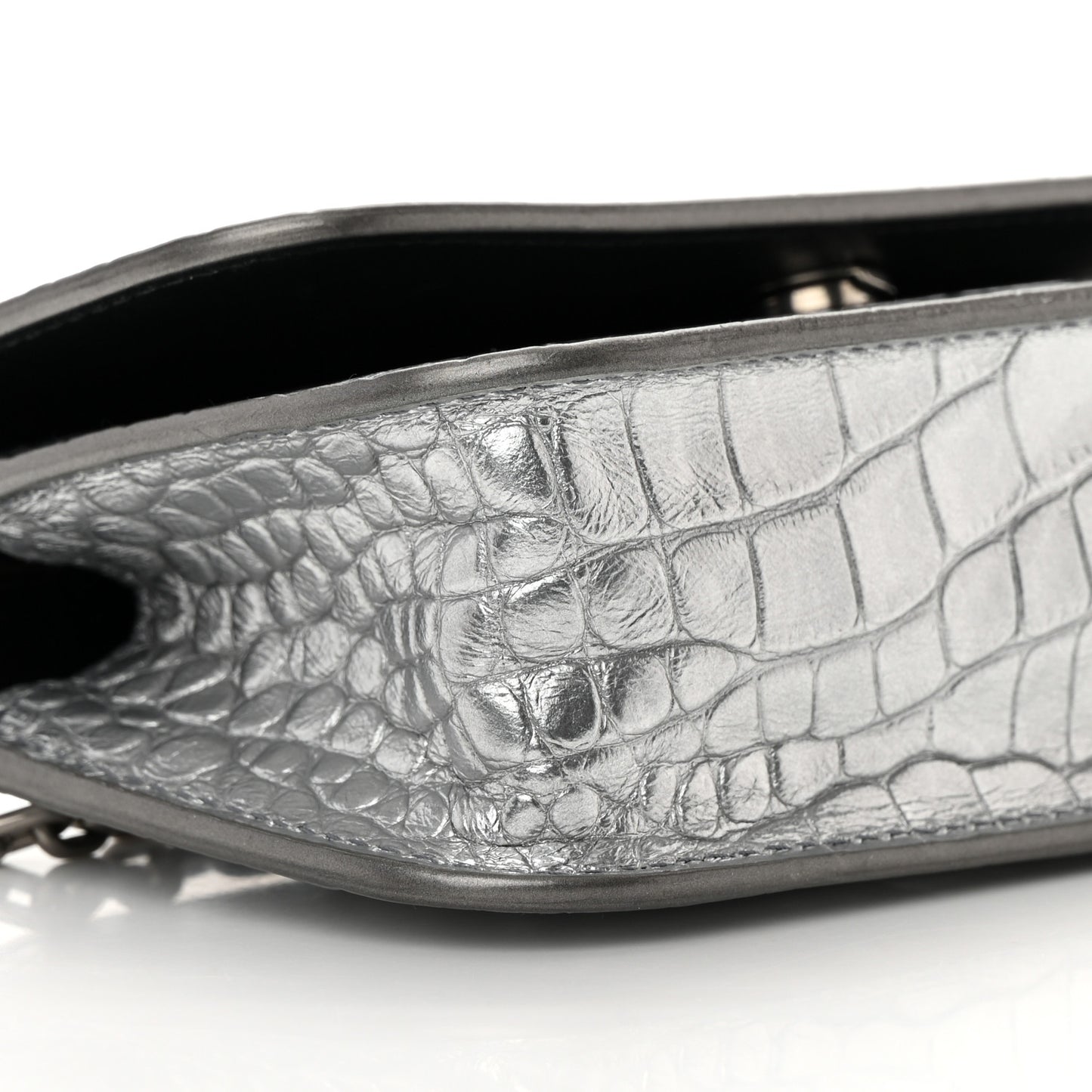 Metallic Extra Supple Calfskin Crocodile Embossed Gossip Wallet On Chain Silver