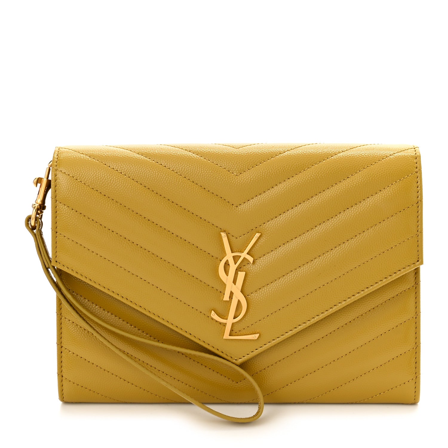 Saint Laurent Grain De Poudre Matelasse Chevron Monogram Envelope Clutch Light Chartreuse 1 of 12