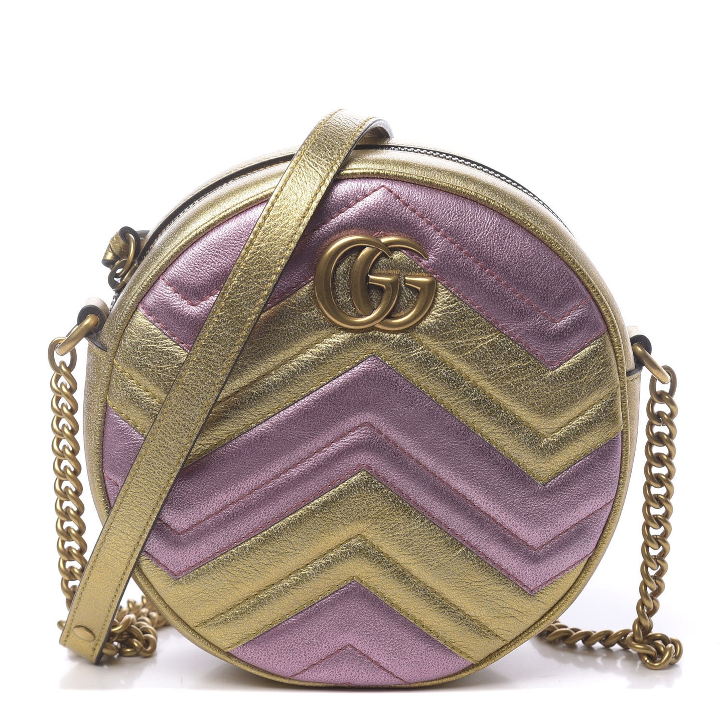 Metallic Calfskin Matelasse Mini GG Marmont Round Shoulder Bag Gold Pink