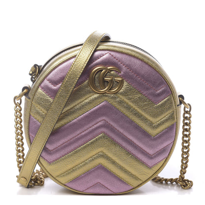 Gucci Metallic Calfskin Matelasse Mini GG Marmont Round Shoulder Bag Gold Pink 1 of 10