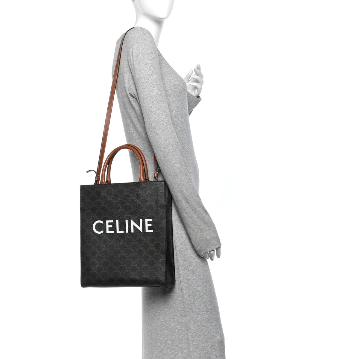 Celine Triomphe Canvas Calfskin Small Vertical Cabas Tan 2 of 15