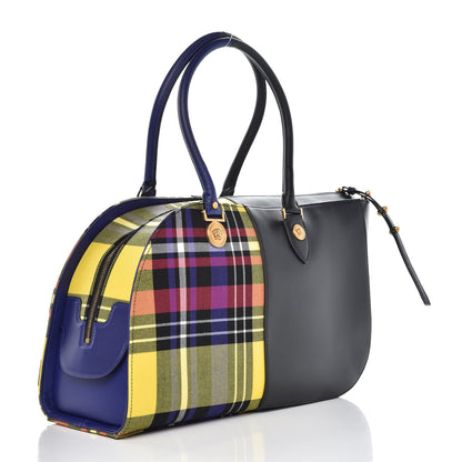 Versace Calfskin Tartan Print The Clash Top Handle Black Multicolor 3 of 6