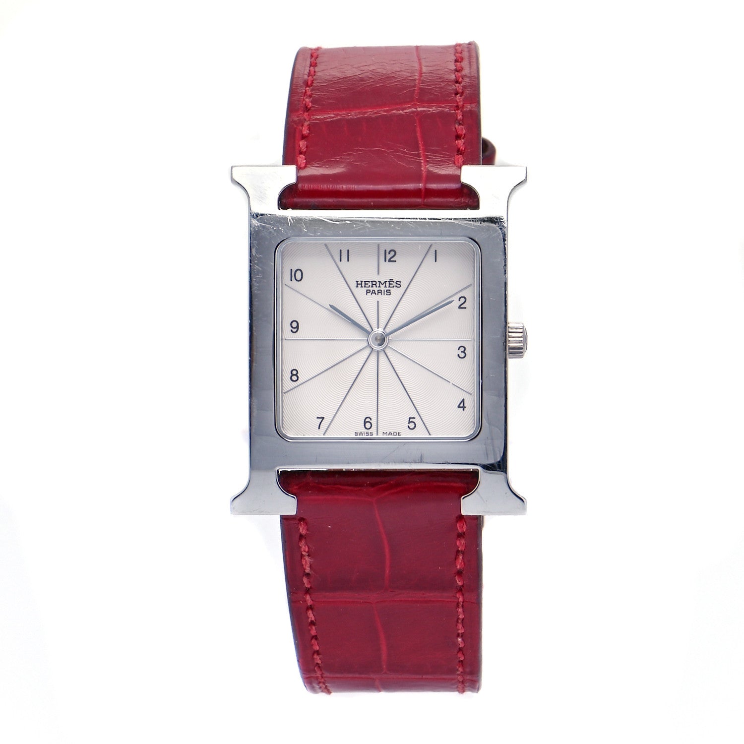 Hermes Stainless Steel Alligator 26mm Heure H Hour Quartz Watch Rouge Casaque 1 of 5