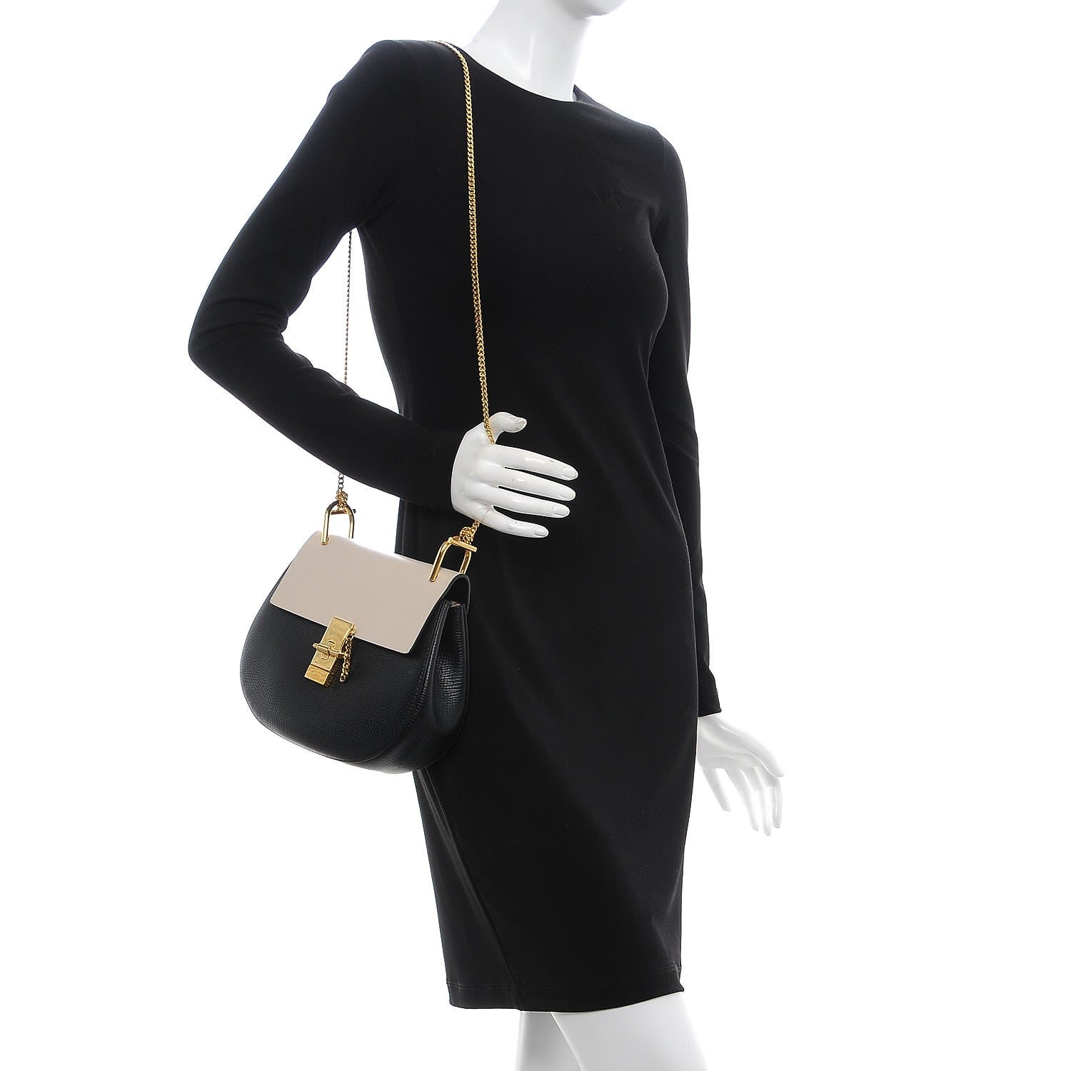 Chloe Grained Calfskin Lambskin Bi-Color Drew Shoulder Bag Black Powder Beige 2 of 8