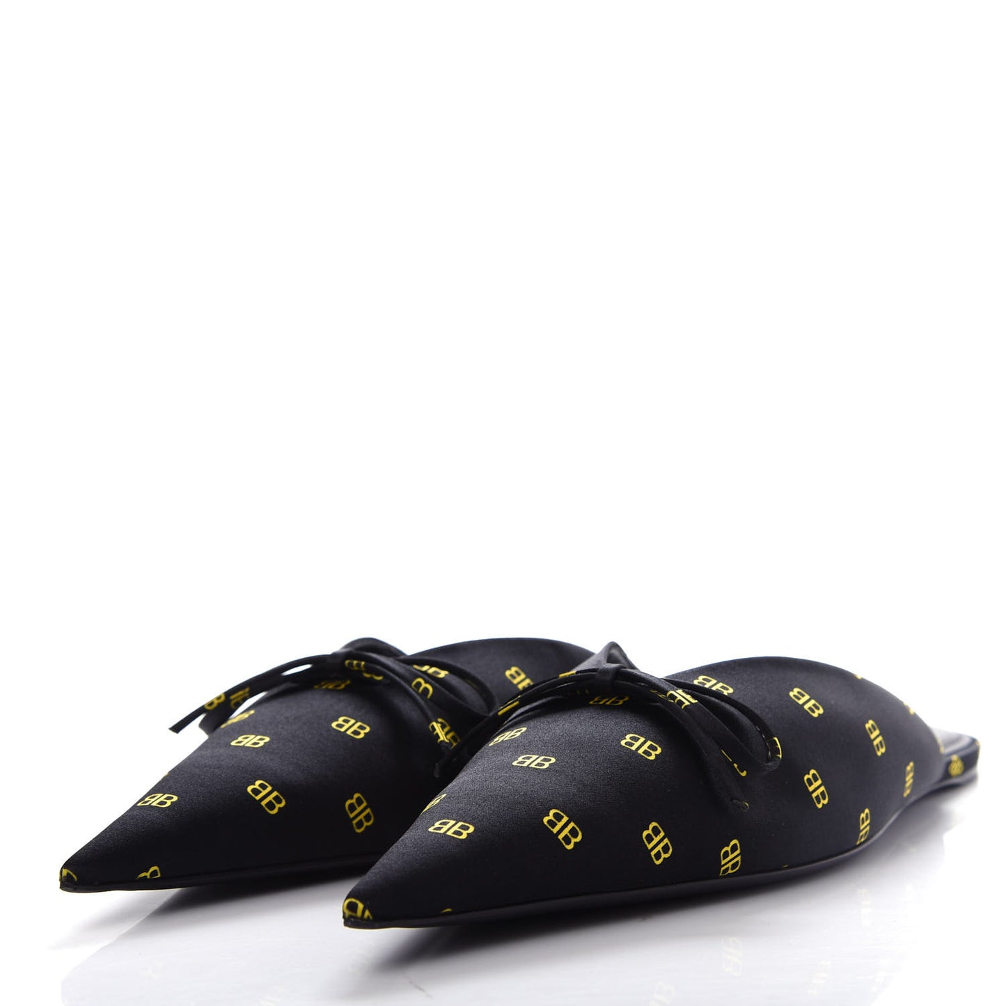 Crepe Satin BB Printed Pointy Toe Knife Flat Mules 39 Black Yellow Fluo