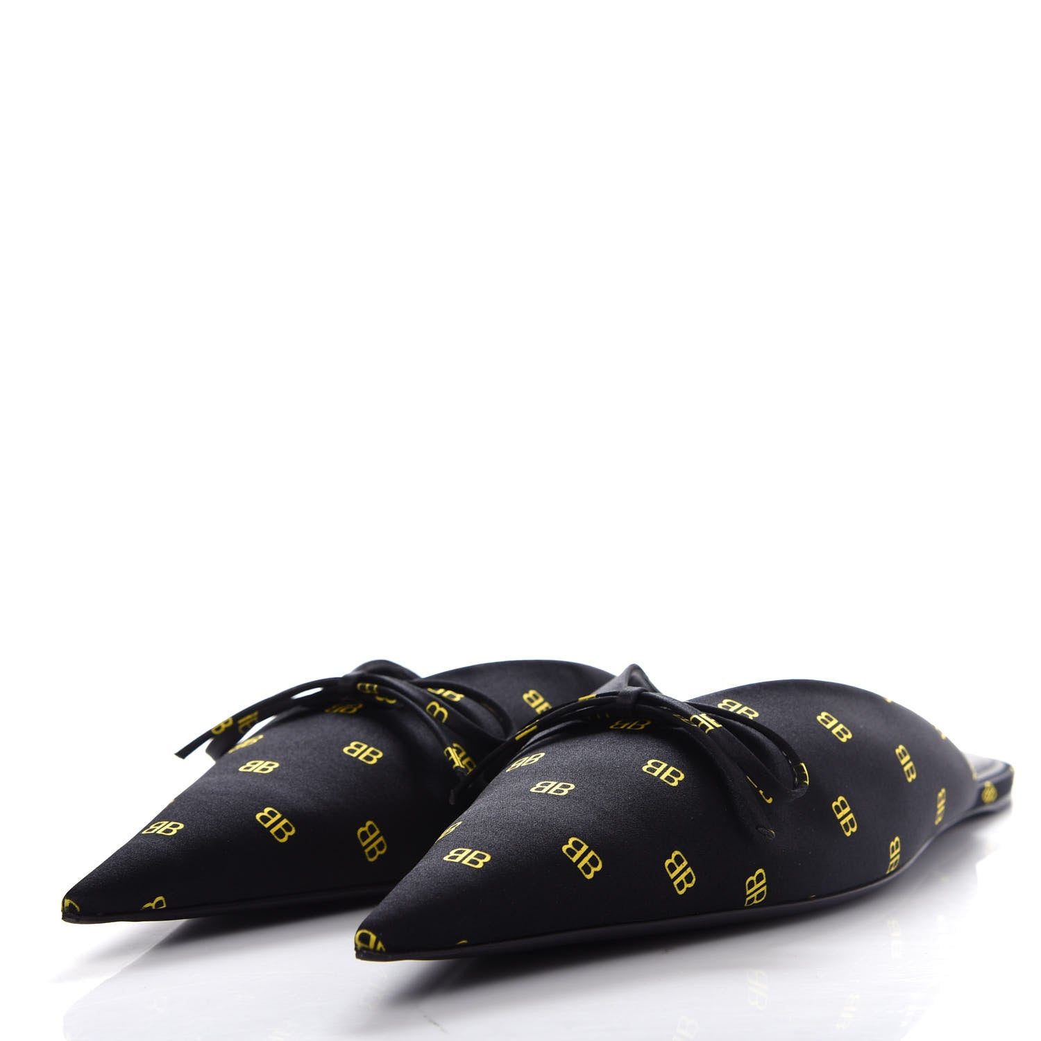 Balenciaga Crepe Satin BB Printed Pointy Toe Knife Flat Mules 39 Black Yellow Fluo 3 of 11