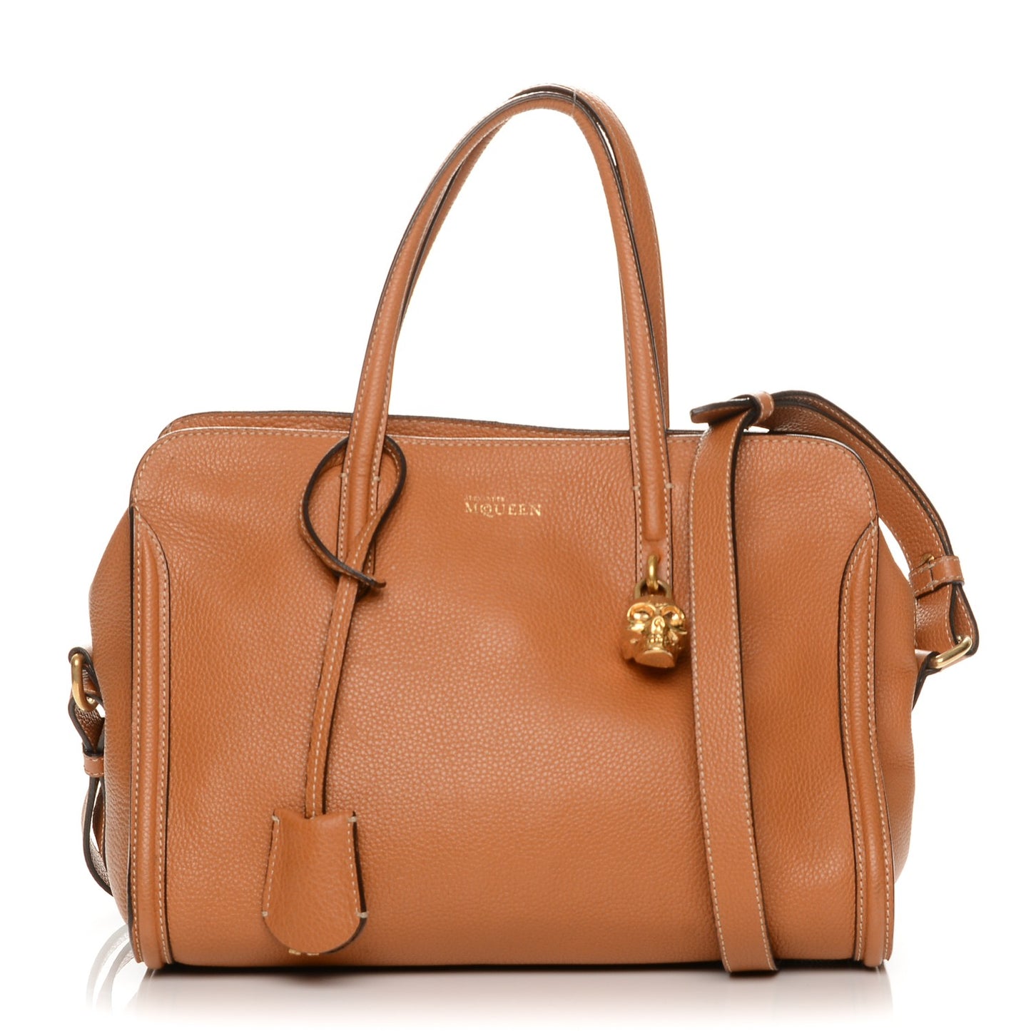 Pebbled Calfskin Small Skull Padlock Zip Around Tote Cognac