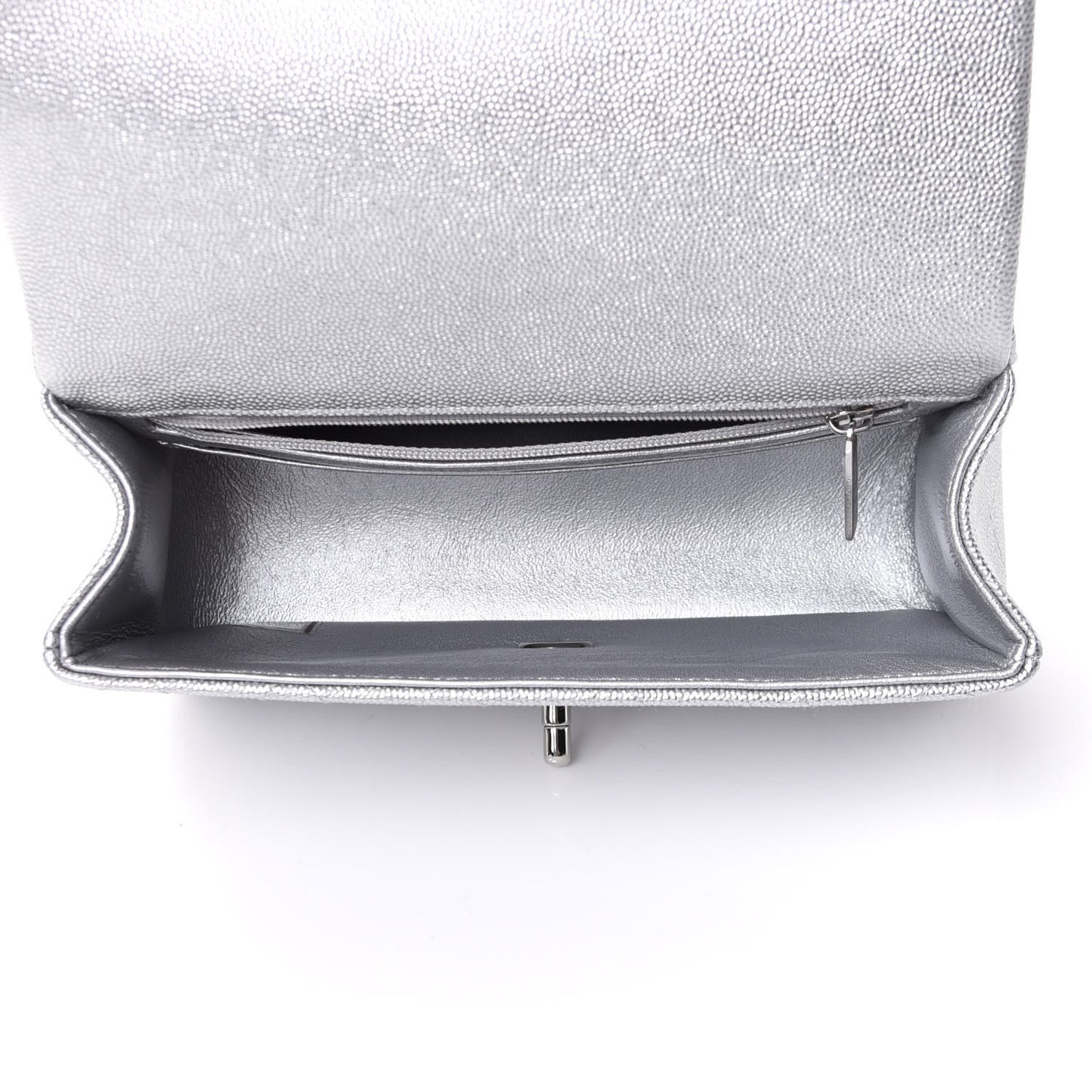 Metallic Caviar Quilted Mini Top Handle Rectangular Flap Silver