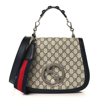 Gucci GG Supreme Monogram Textured Dollar Calfskin Web Medium Blondie Top Handle Shoulder Flap Bag Beige Blue 1 of 9