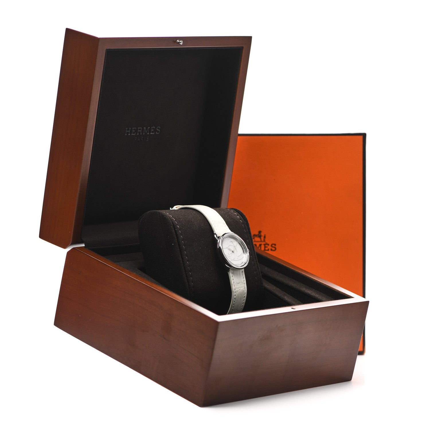 Hermes Stainless Steel Alligator Diamond Mother of Pearl 28mm Arceau Cavales Quartz Watch Blanc 5 of 5