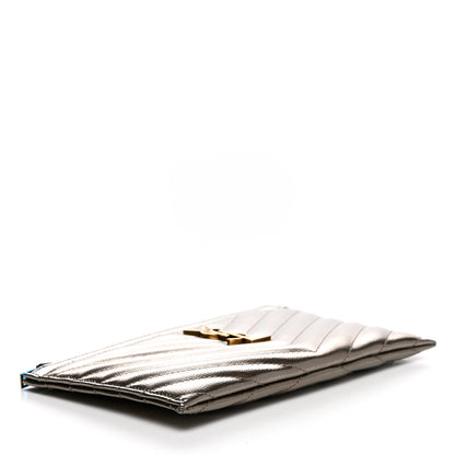 Saint Laurent Metallic Grain De Poudre Matelasse Chevron Monogram Bill Pouch Piombo 4 of 9
