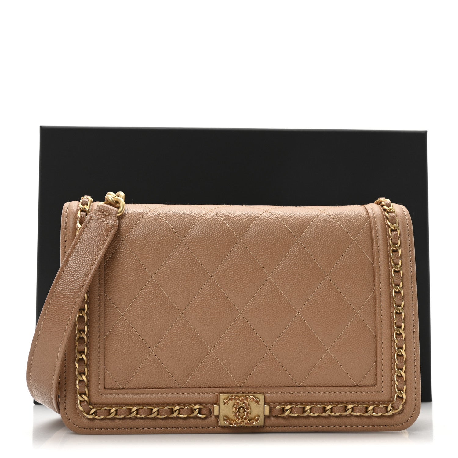 Chanel Caviar Quilted Chain Around Boy Wallet On Chain WOC Beige 11 of 11
