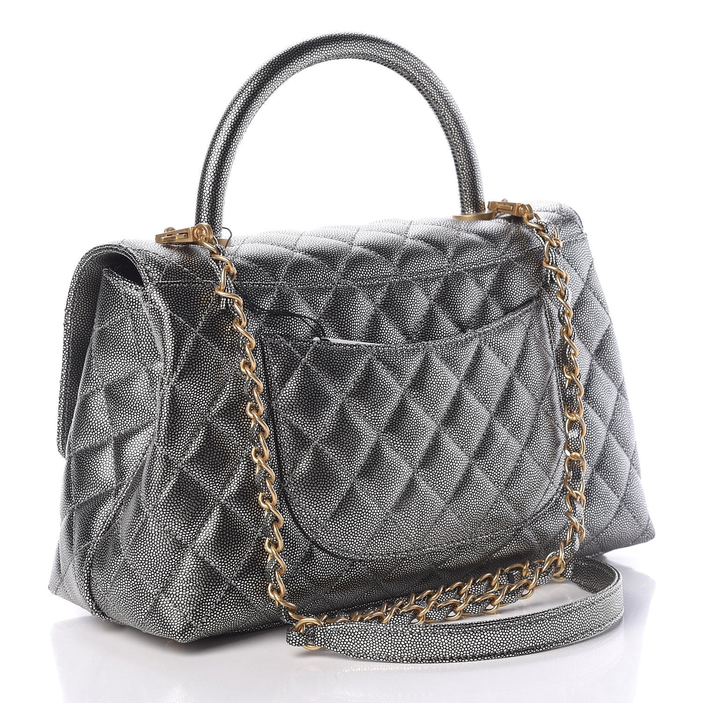 Metallic Caviar Quilted Small Coco Handle Flap Silver