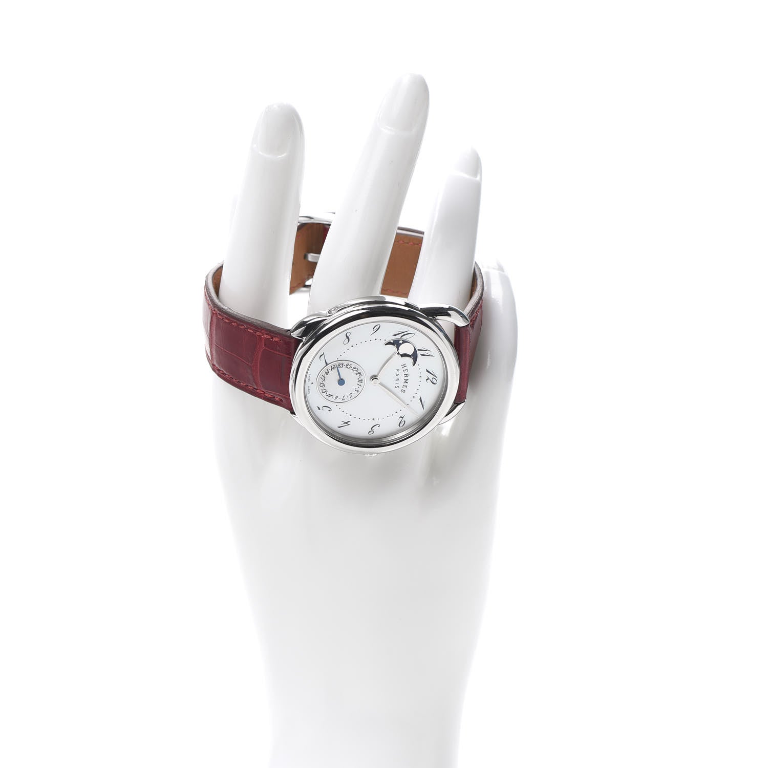 Hermes Stainless Steel Alligator Mother of Pearl 38mm Arceau Petite Lune Automatic Watch Braise 2 of 7