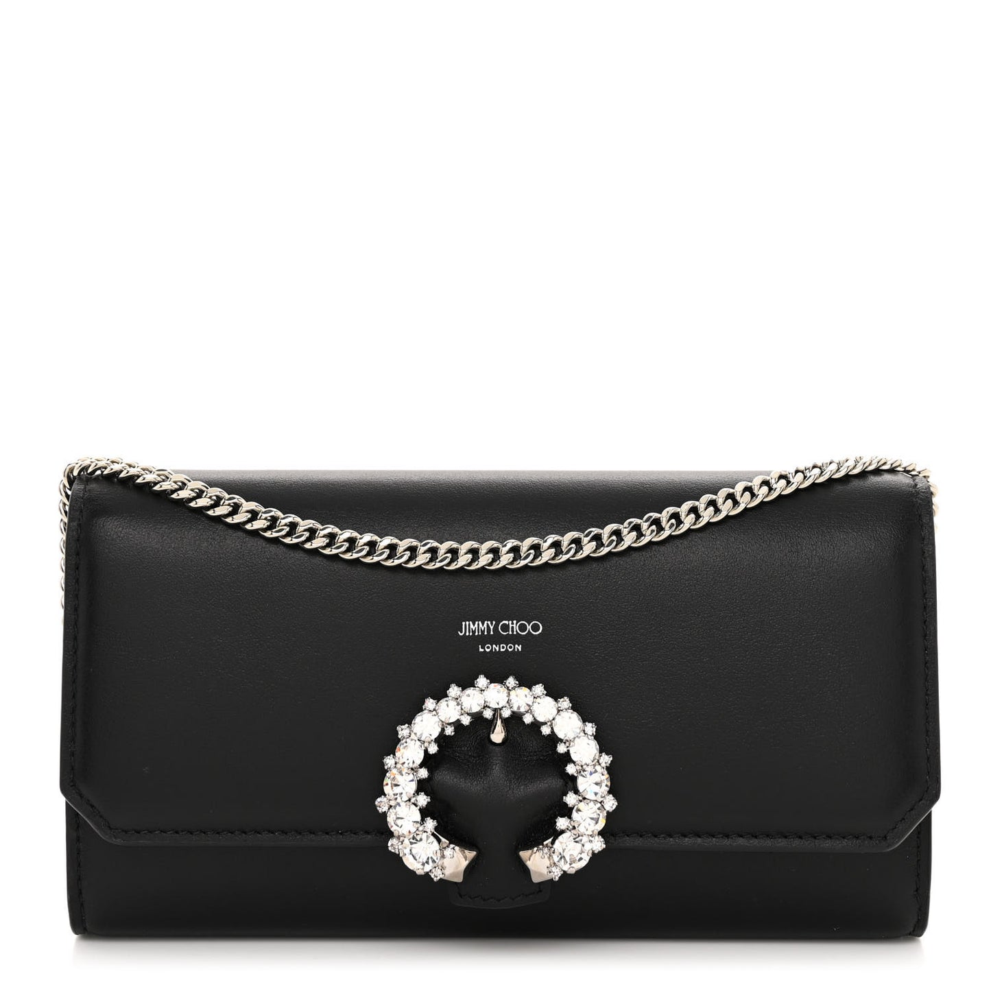 Smooth Calfskin Crystal Embellished Chain Wallet Black