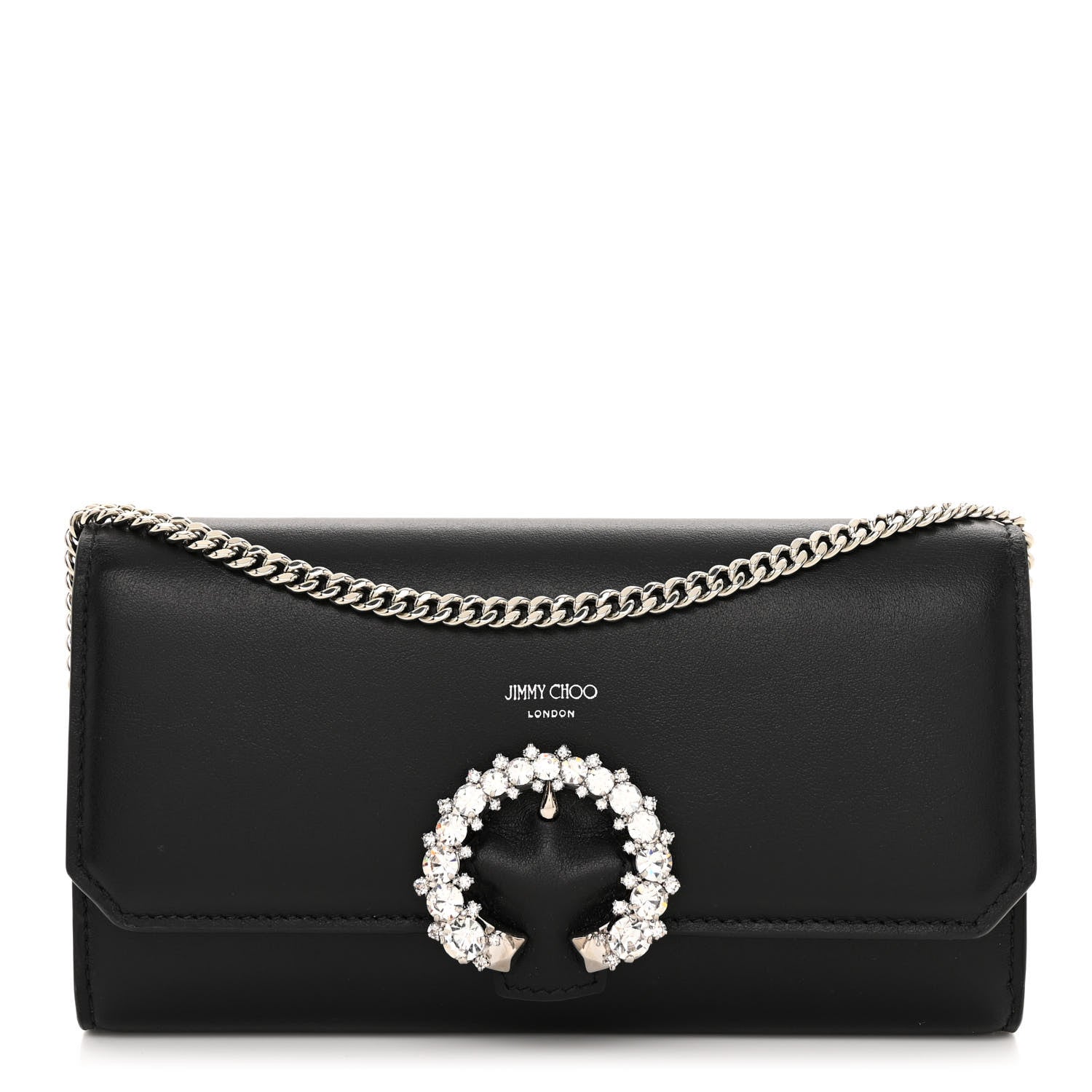 Jimmy Choo Smooth Calfskin Crystal Embellished Chain Wallet Black 1 of 10