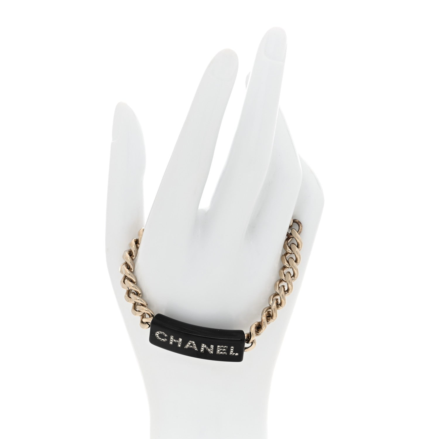 Chanel Metal Resin Crystal Chain Logo Bracelet Gold Black 2 of 5