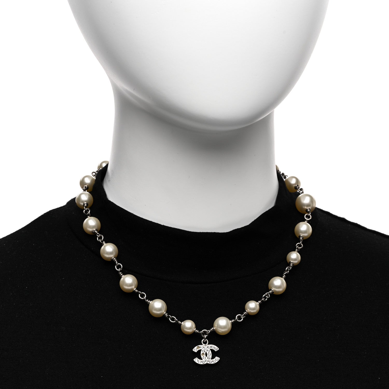 Chanel Pearl Crystal CC Pendant Short Necklace Silver White 2 of 5