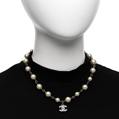 Chanel Pearl Crystal CC Pendant Short Necklace Silver White 2 of 5