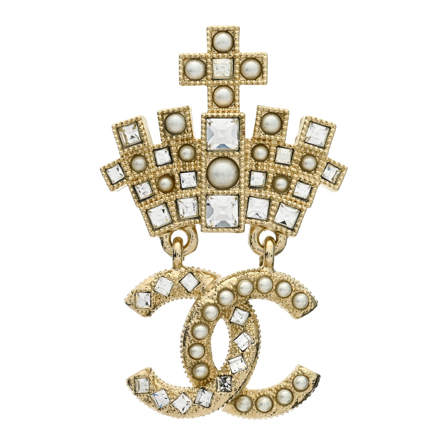 Pearl Crystal CC Crown Brooch Gold
