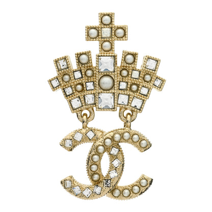 Chanel Pearl Crystal CC Crown Brooch Gold 1 of 4