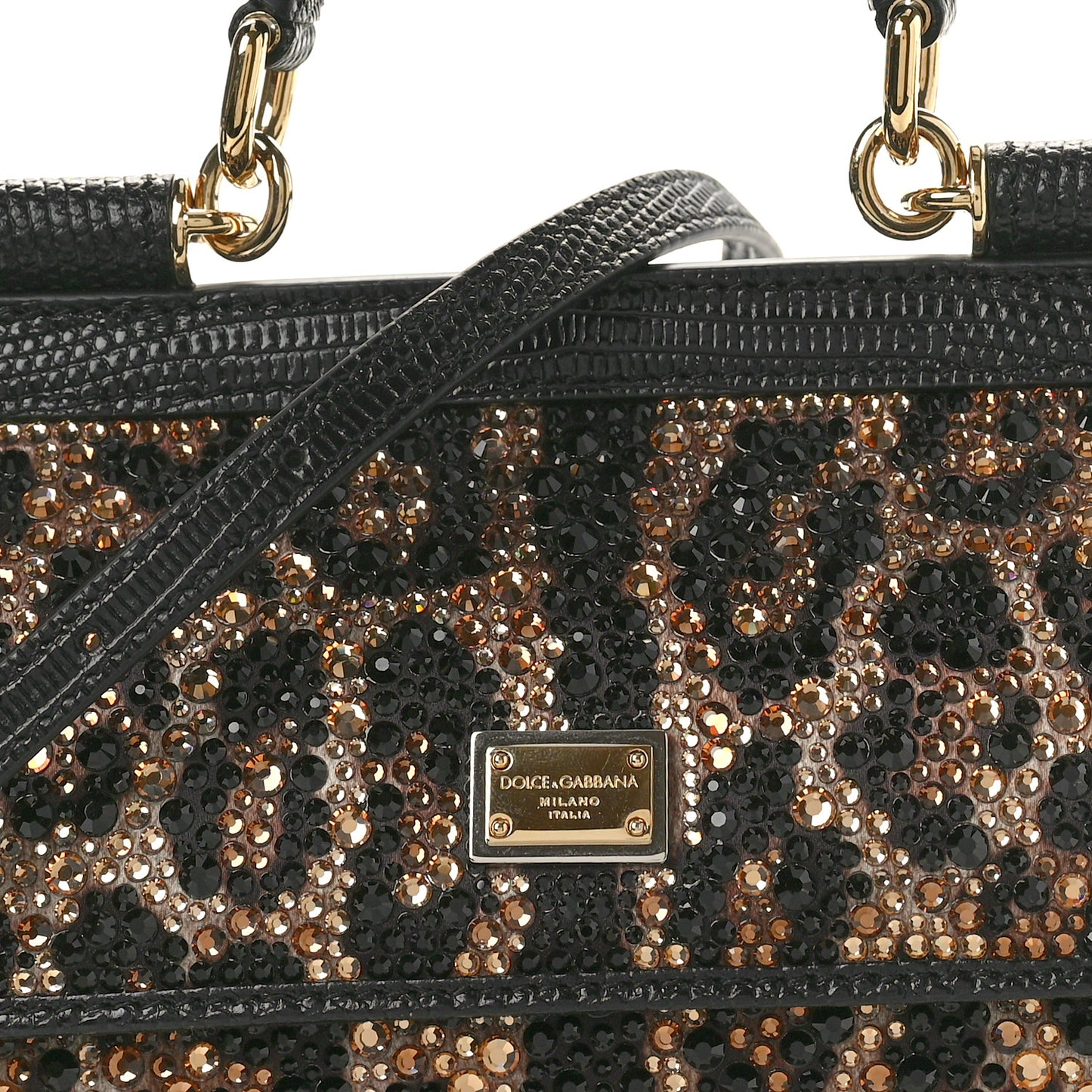 DOLCE GABBANA Satin Crystal Calfskin Iguana Embossed Small Miss Sicily Satchel Leopard