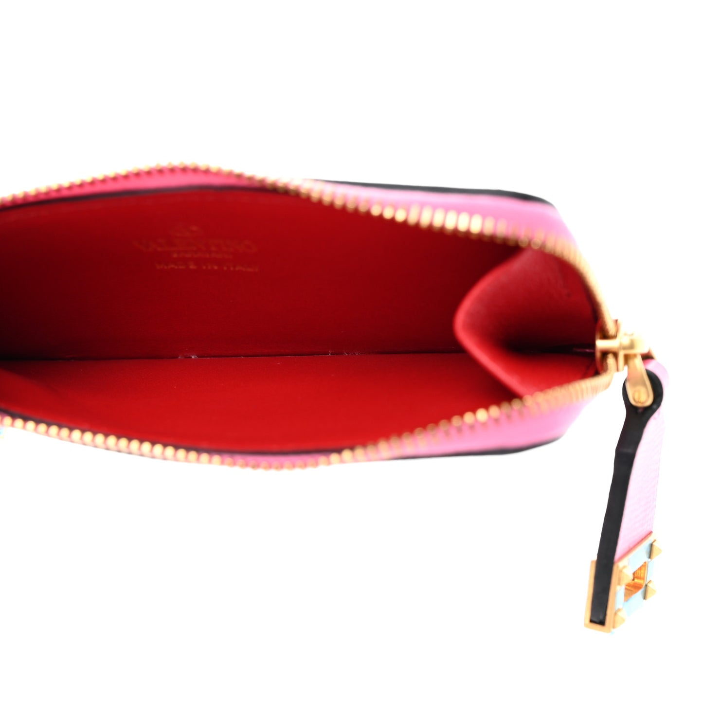 Grainy Calfskin Rockstud Coin Case Card Holder Pink