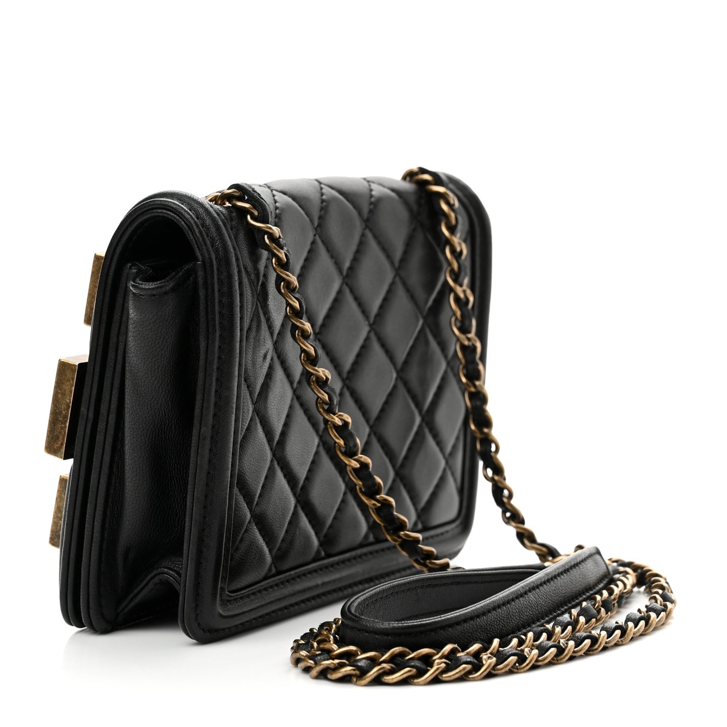 Lambskin Quilted Boy Brick Studded Flap Black