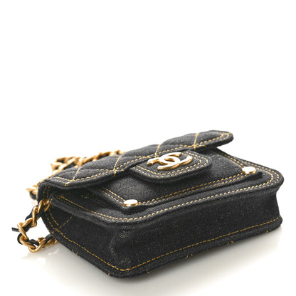 Chanel Denim Quilted Double You Card Holder On Chain Black Golden 4 of 10