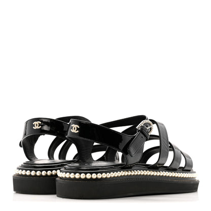 Chanel Patent Calfskin Pearl Platform Sandals 39 Black 5 of 12
